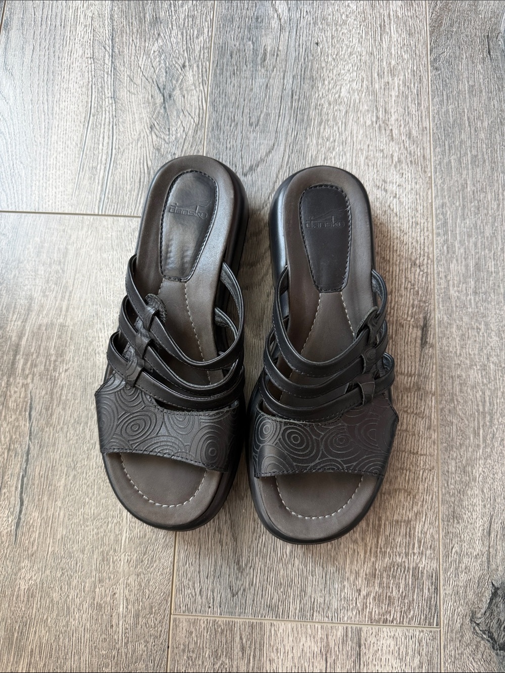Dansko Black Strappy Slide Sandals with Textured Front